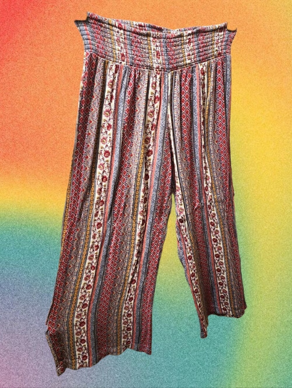 Womens Bohemian Colorful Floral Striped Wide-Leg Pants